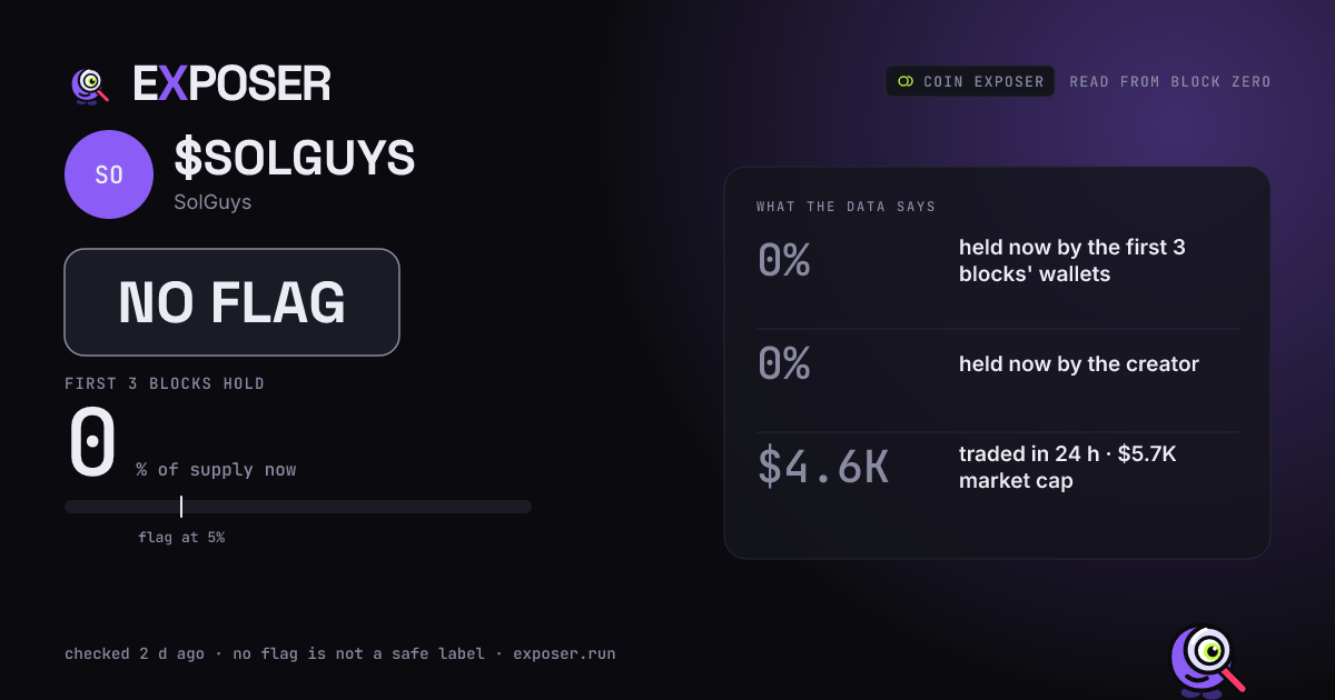 Coin Exposer card for $SOLGUYS: NO FLAG